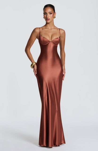 Amorette Maxi Dress | Rust Satin, Lace-Up Back, Adjustable Straps 4