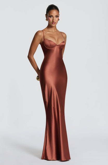 Amorette Maxi Dress | Rust Satin, Lace-Up Back, Adjustable Straps 5