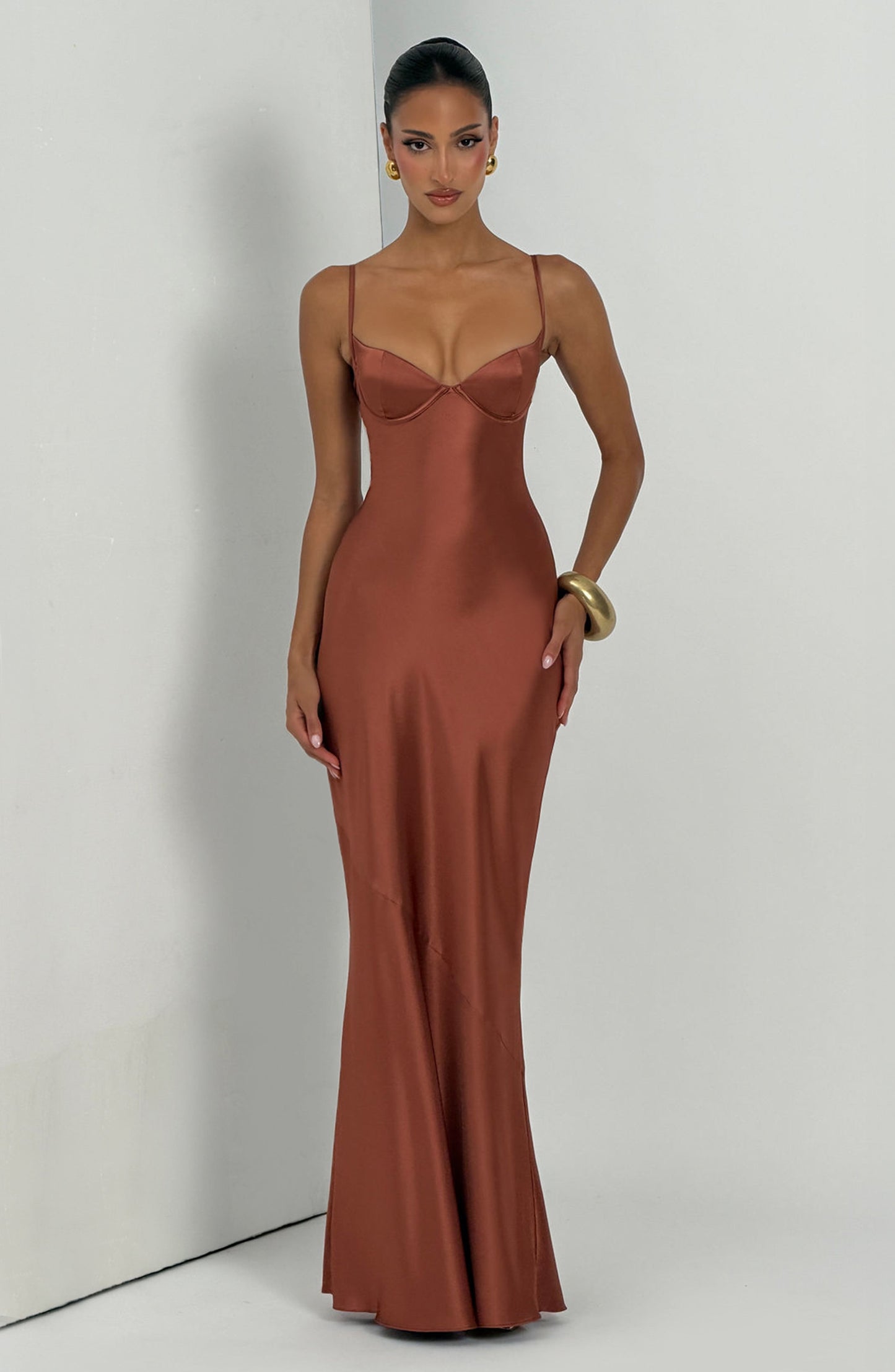 Amorette Maxi Dress | Rust Satin, Lace-Up Back, Adjustable Straps 6