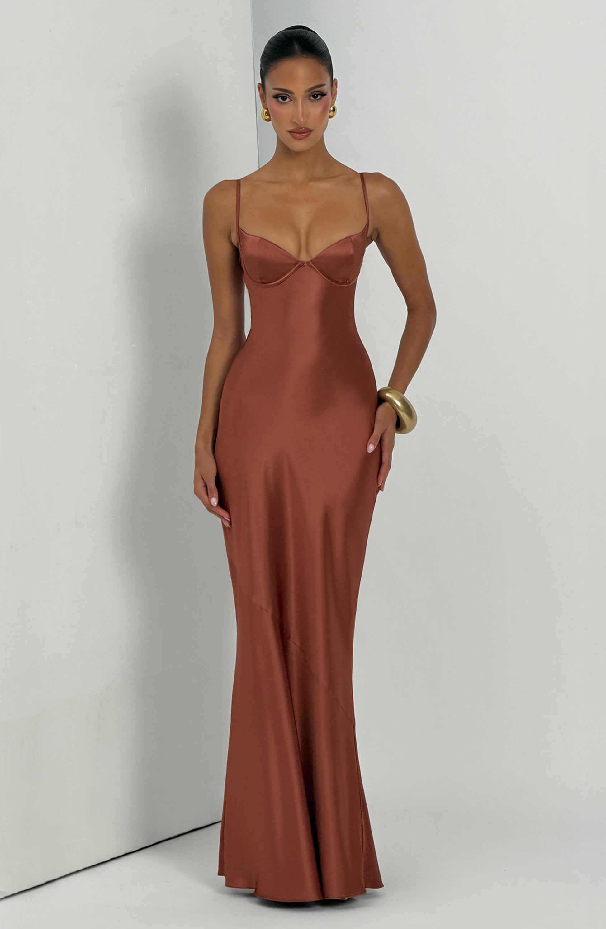 Amorette Maxi Dress | Rust Satin, Lace-Up Back, Adjustable Straps 6