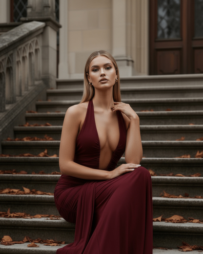 Ariana Maxi Dress | Plunging Halter Neckline, Ruched Details, Long Dress for Women 7