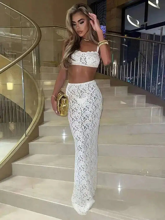 Ava Lace Two Piece Set | Strapless Crop Top & Midi Skirt for Summer Parties 0