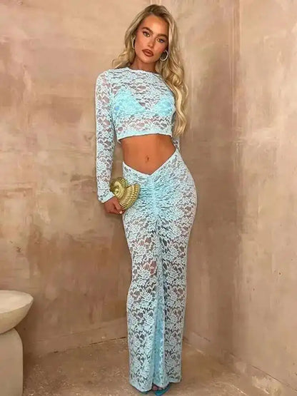 Ava Lace Two Piece Set | Strapless Crop Top & Midi Skirt for Summer Parties 14