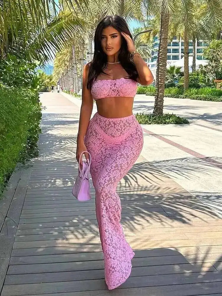 Ava Lace Two Piece Set | Strapless Crop Top & Midi Skirt for Summer Parties 2
