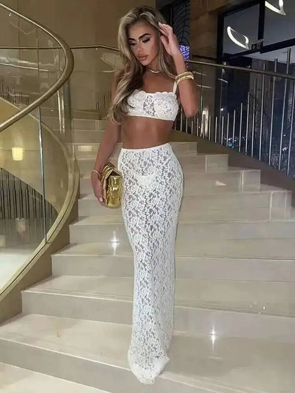 Ava Lace Two Piece Set | Strapless Crop Top & Midi Skirt for Summer Parties 6