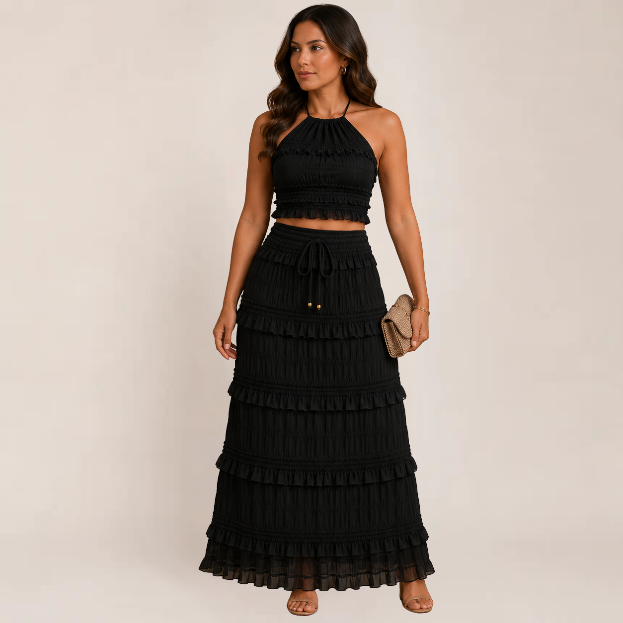 Ava Maxi Dress | Boho Halter Neck, Flowy Black Summer Dress for Weddings