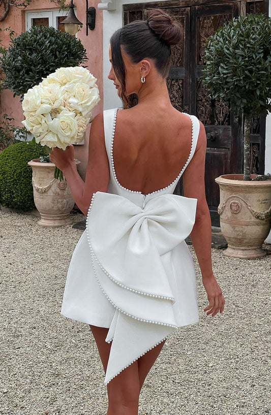 Carly Mini Dress | Luxe Crepe, Detachable Bow, Wedding Guest & Cocktail Dress 0