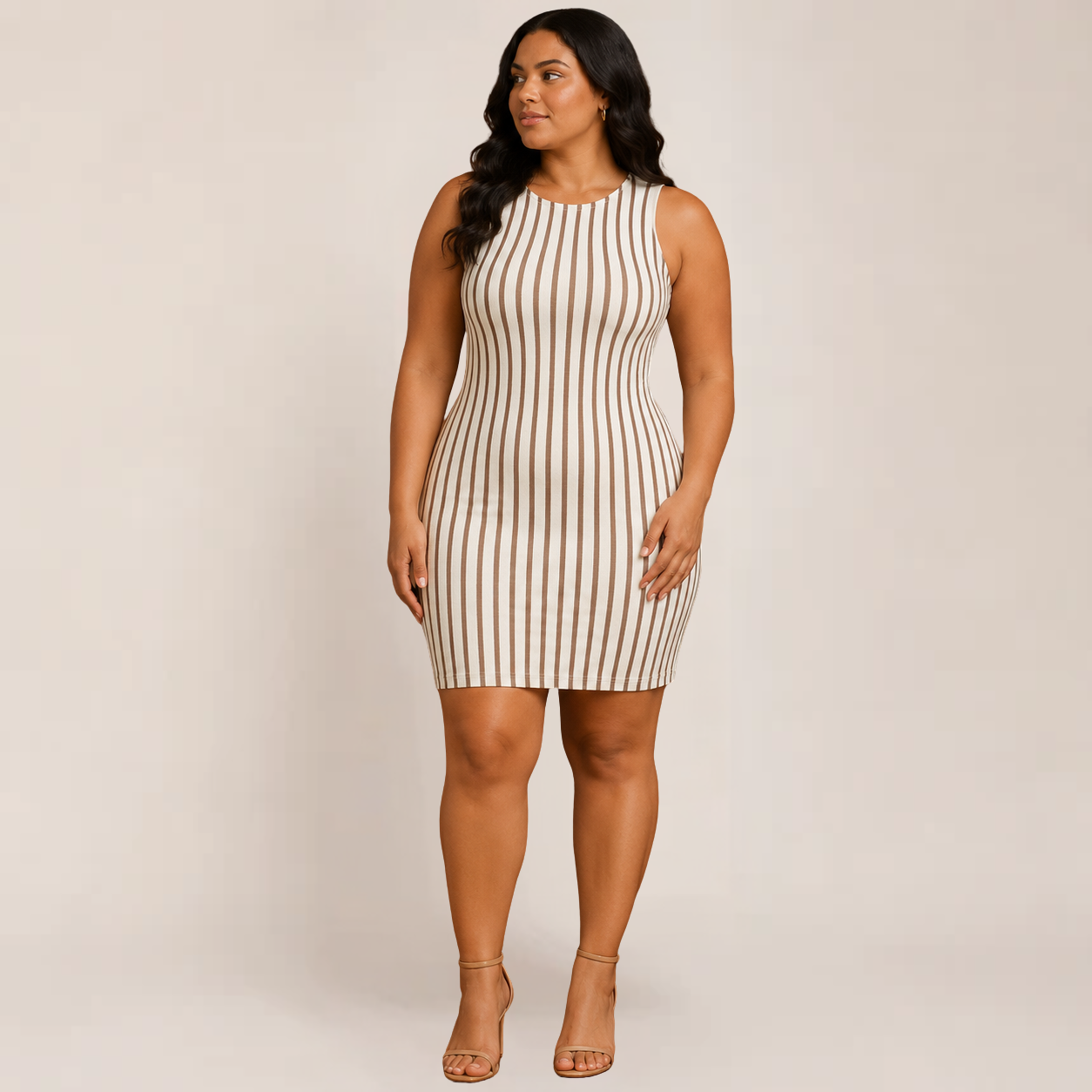 Cathy Women's Dress | Striped Brown Sleeveless Summer Style, Plus Size Available