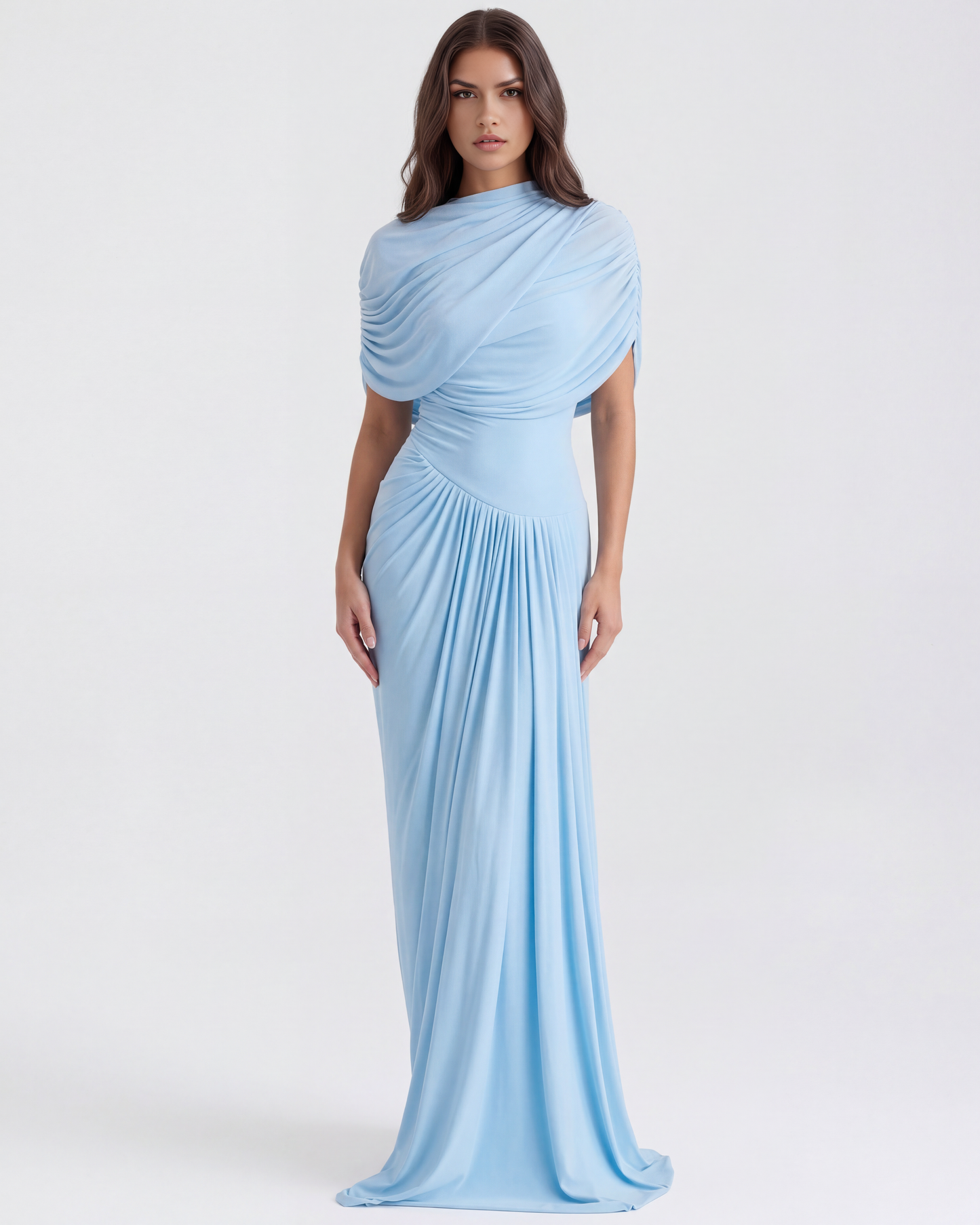 Celeste Maxi Dress | Baby-Blue Long Gown with Shawl Detail 0