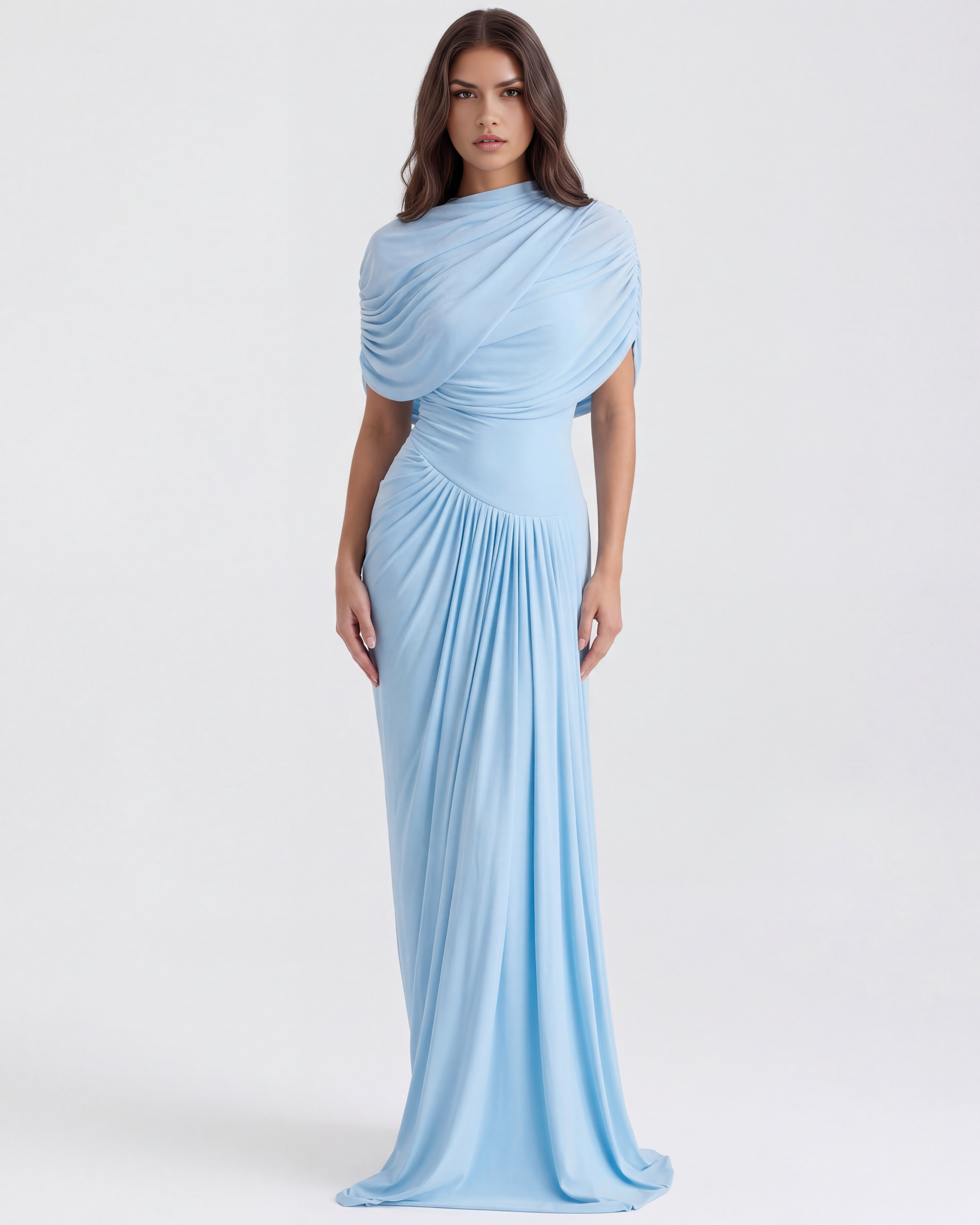 Celeste Maxi Dress | Baby-Blue Long Gown with Shawl Detail 0
