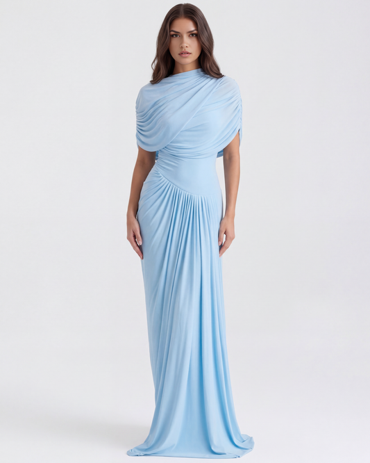 Celeste Maxi Dress | Baby-Blue Long Gown with Shawl Detail 0