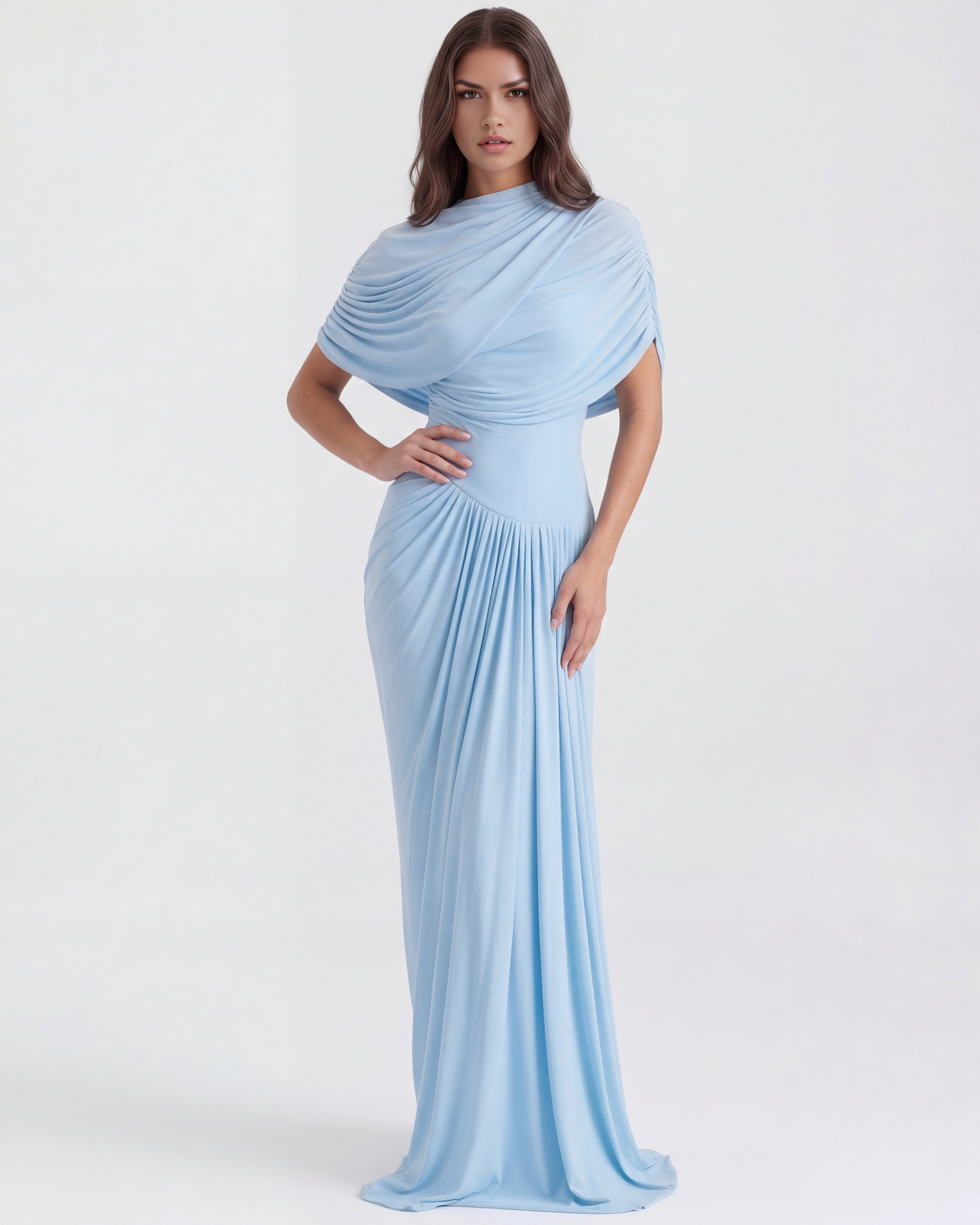 Celeste Maxi Dress | Baby-Blue Long Gown with Shawl Detail 1