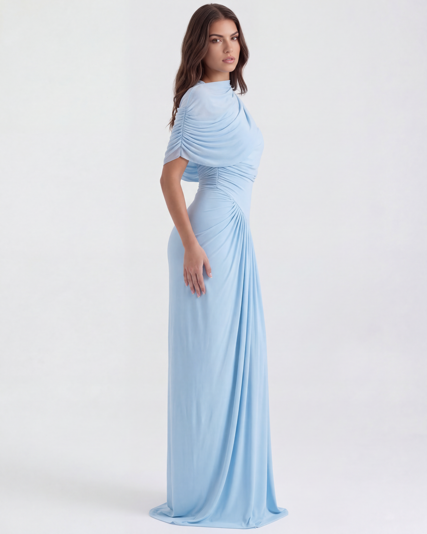 Celeste Maxi Dress | Baby-Blue Long Gown with Shawl Detail 2
