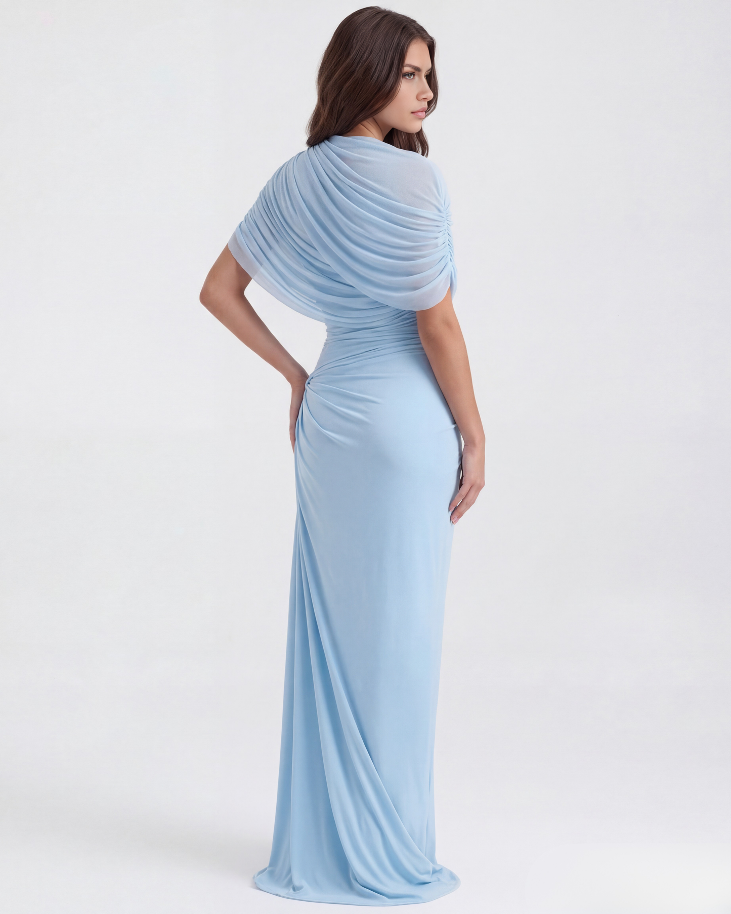 Celeste Maxi Dress | Baby-Blue Long Gown with Shawl Detail 6