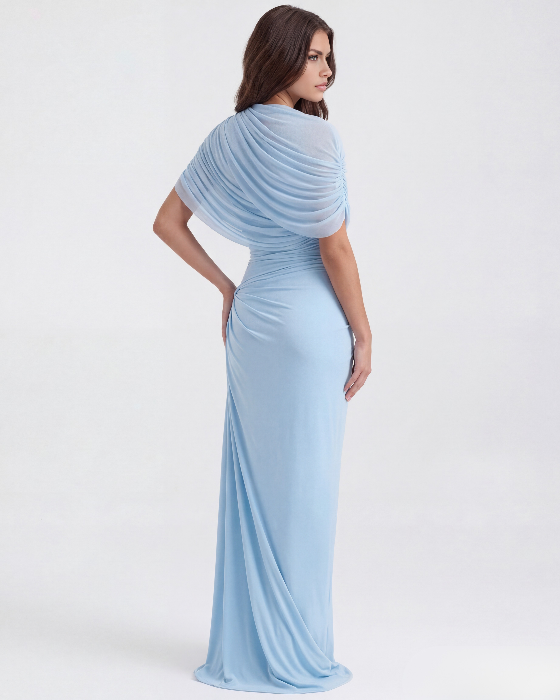 Celeste Maxi Dress | Baby-Blue Long Gown with Shawl Detail 6
