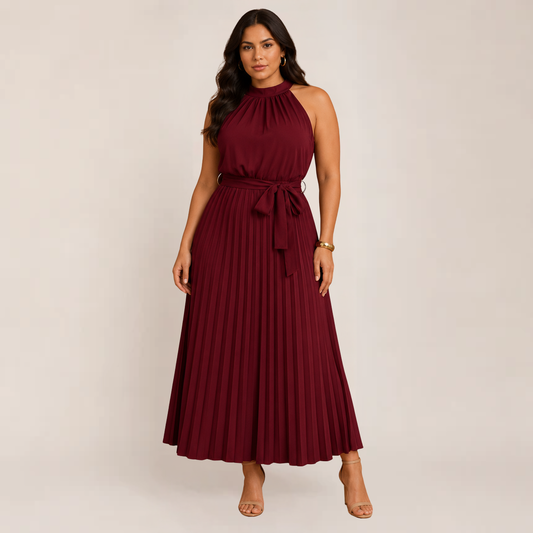 Celia Midi Dress | Elegant Pleated Halter Design, Perfect for Summer Weddings