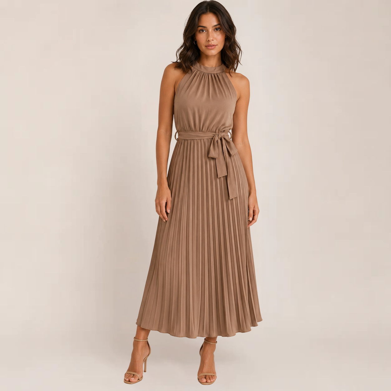 Celia Midi Dress | Elegant Pleated Halter Design, Perfect for Summer Weddings