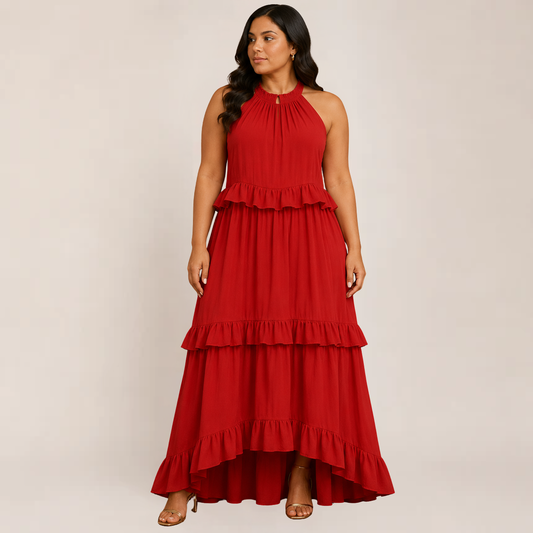 Chic Cherry Dress | Tiered Ruffle Maxi Summer Dress for Wedding Guests, Plus Size Available
