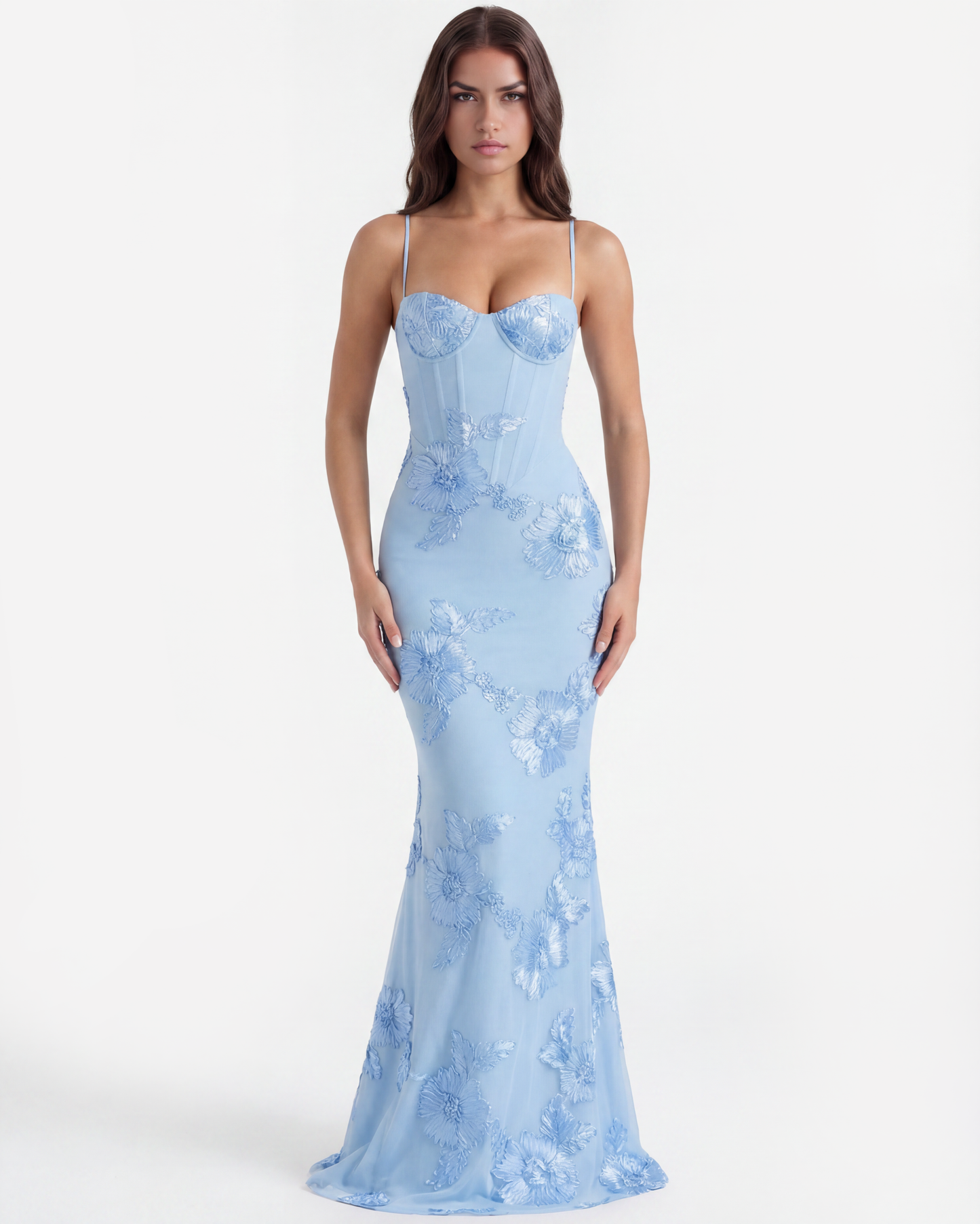 Clara Floral Maxi Dress | Soft Baby Blue, Stretch Mesh, Lace-Up Back 4
