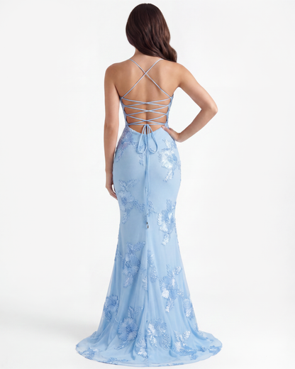 Clara Floral Maxi Dress | Soft Baby Blue, Stretch Mesh, Lace-Up Back 7
