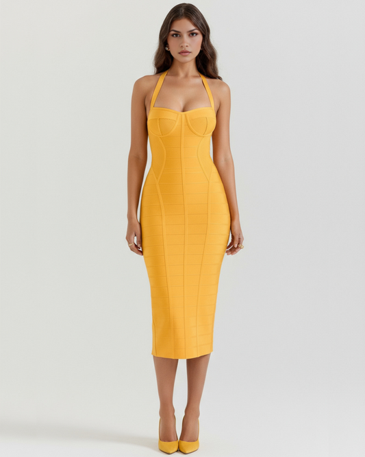 Cleo Midi Dress | Heavyweight Bandage Fabric, Halter Neck, Perfect for Wedding Guest and Cocktail Events 0