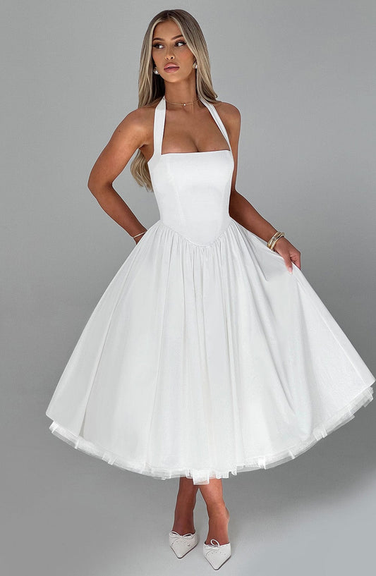 Cressida Midi Dress | Elegant Ivory, Tulle Detail, Perfect for Weddings and Events 0