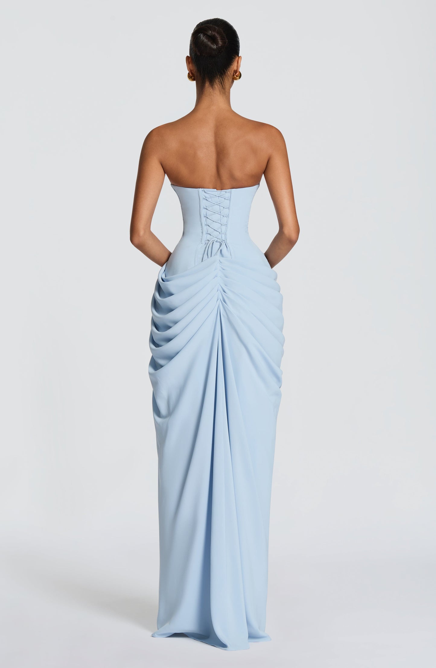 Cyla Maxi Dress | Glacier Blue Chiffon, Strapless Design, Thigh-High Split 2