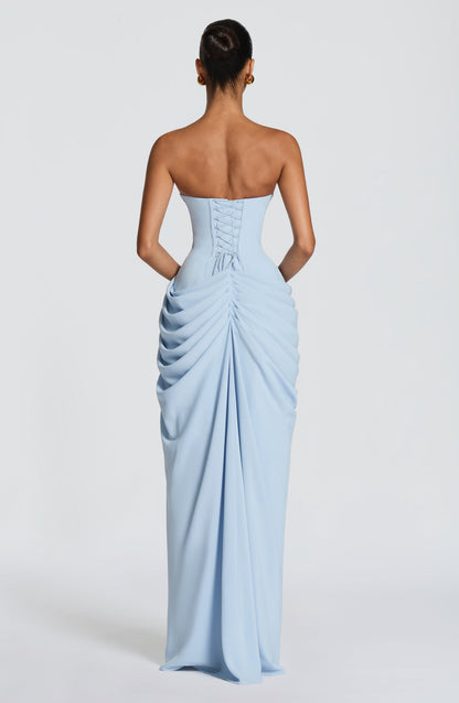 Cyla Maxi Dress | Glacier Blue Chiffon, Strapless Design, Thigh-High Split 2
