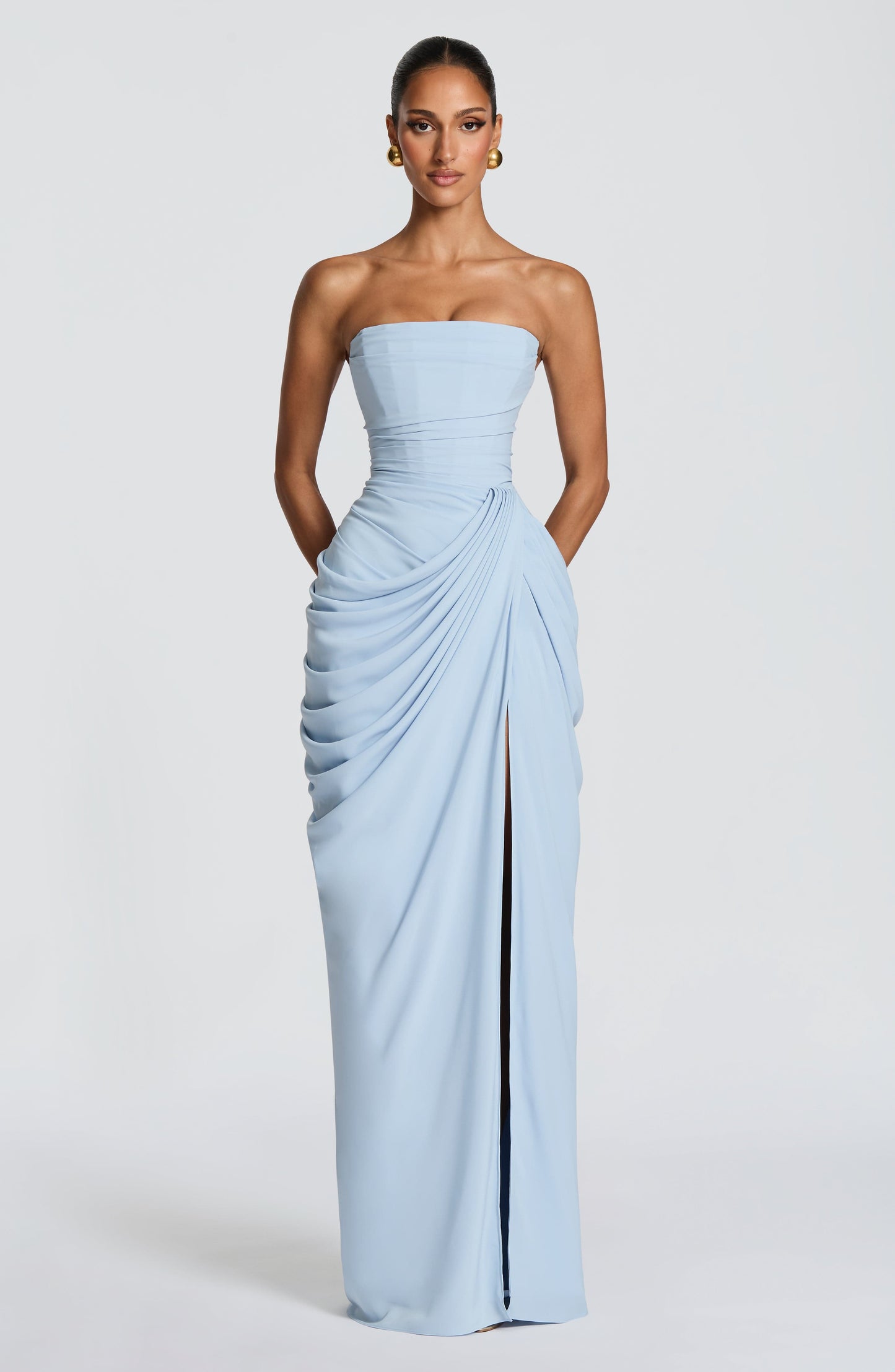 Cyla Maxi Dress | Glacier Blue Chiffon, Strapless Design, Thigh-High Split 3