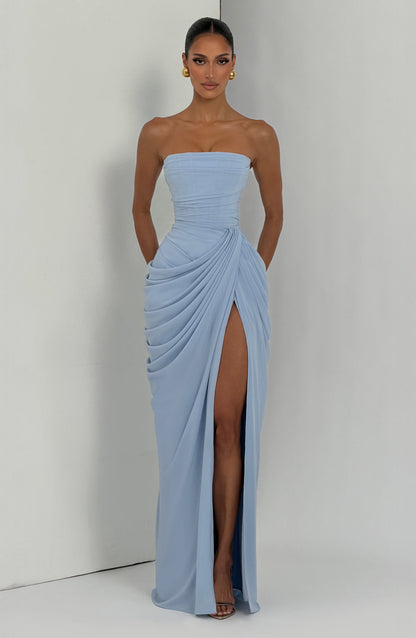 Cyla Maxi Dress | Glacier Blue Chiffon, Strapless Design, Thigh-High Split 8