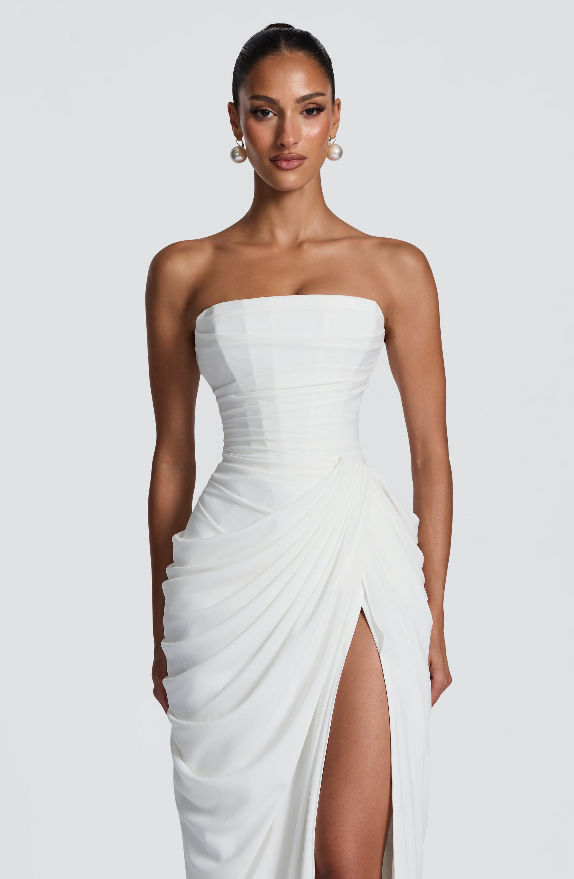 Cyla Maxi Dress | Ivory Chiffon, Strapless with Thigh-High Split 3