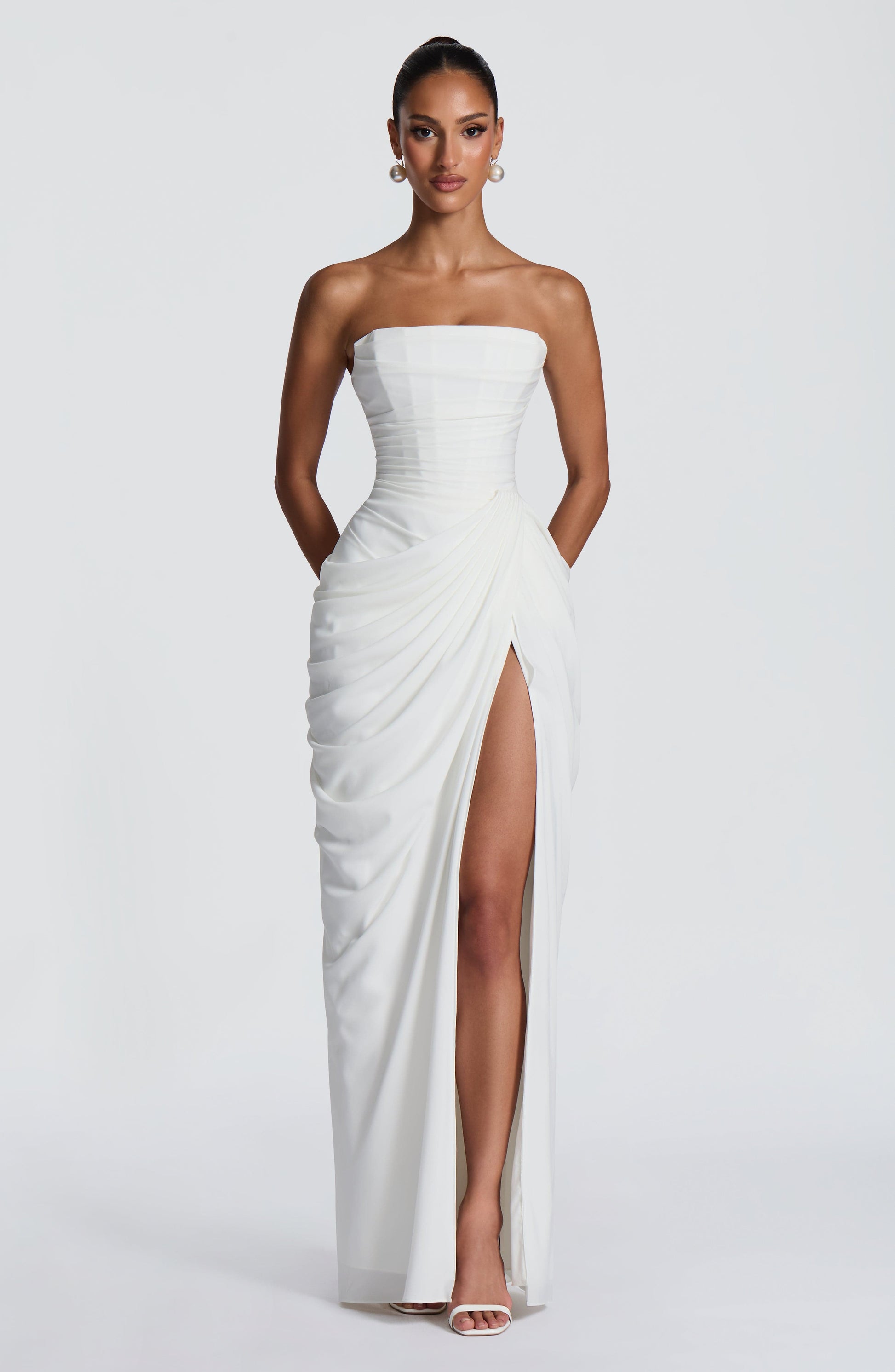 Cyla Maxi Dress | Ivory Chiffon, Strapless with Thigh-High Split 4