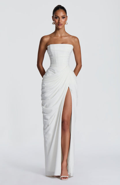 Cyla Maxi Dress | Ivory Chiffon, Strapless with Thigh-High Split 4