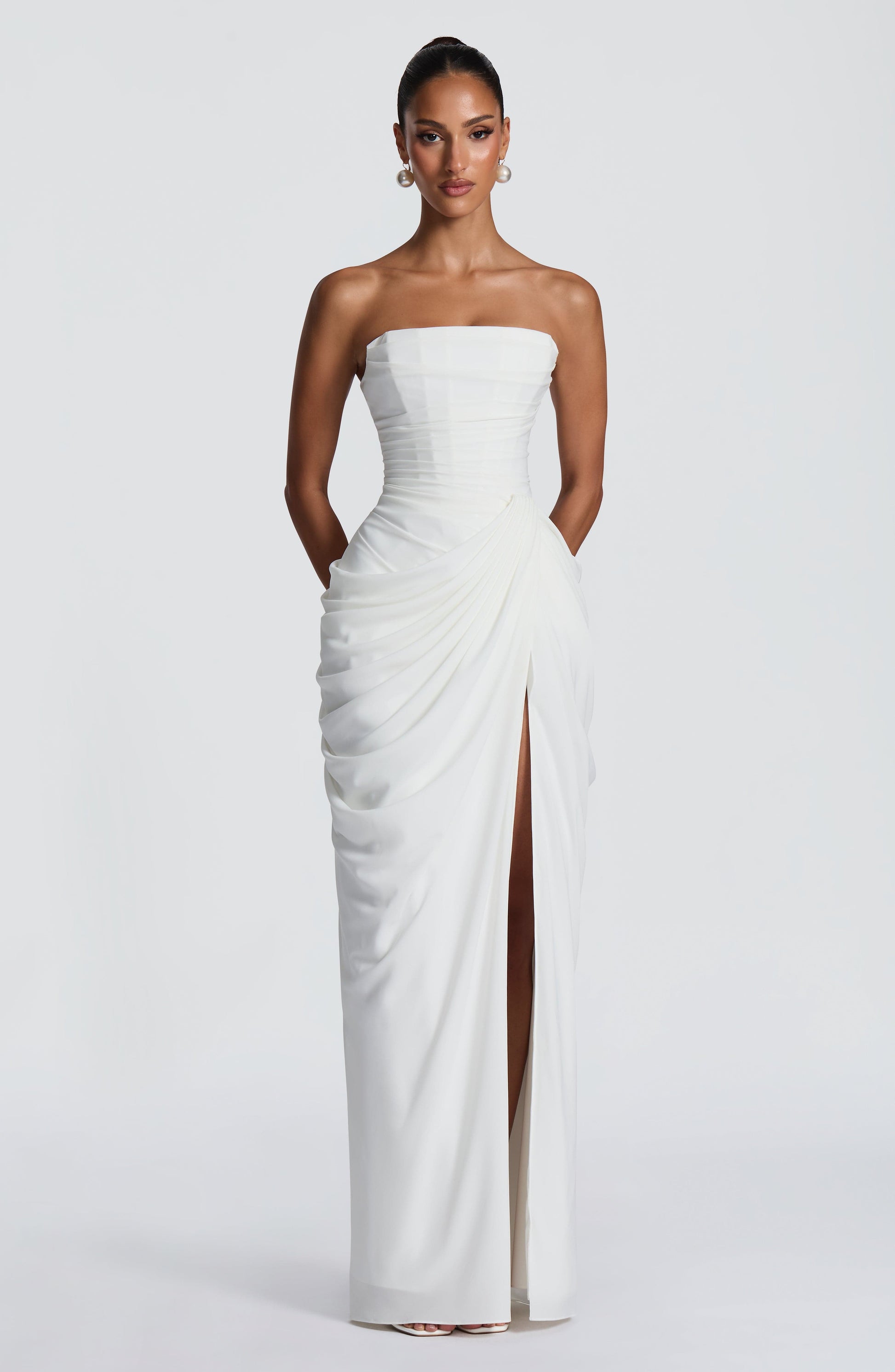 Cyla Maxi Dress | Ivory Chiffon, Strapless with Thigh-High Split 5