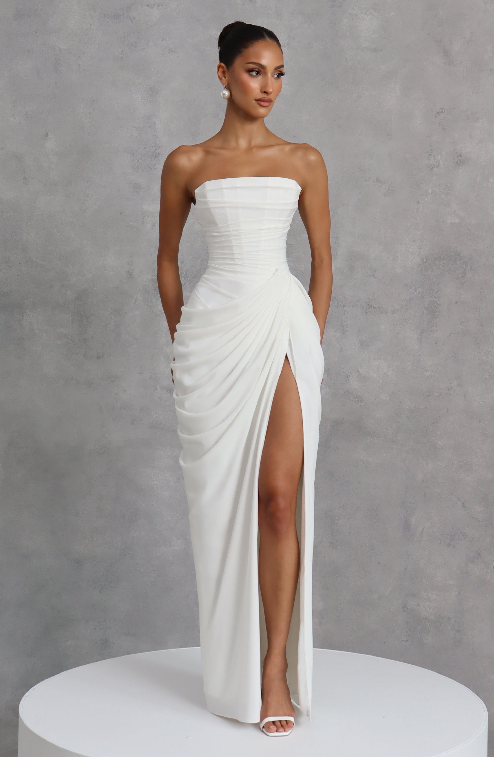 Cyla Maxi Dress | Ivory Chiffon, Strapless with Thigh-High Split 6