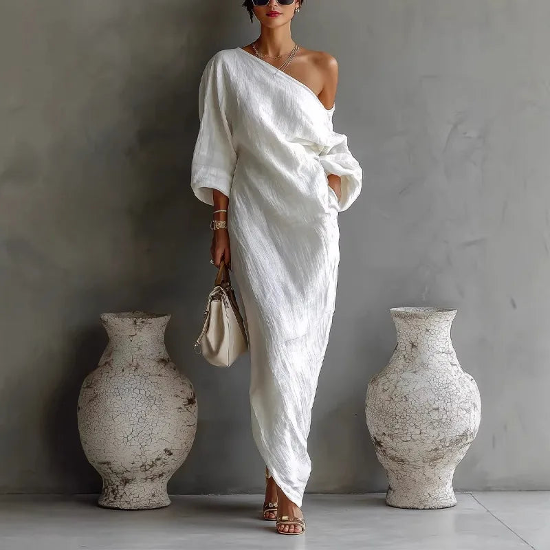 Daisy One Shoulder Dress | Textured Linen, Asymmetrical Hem 0