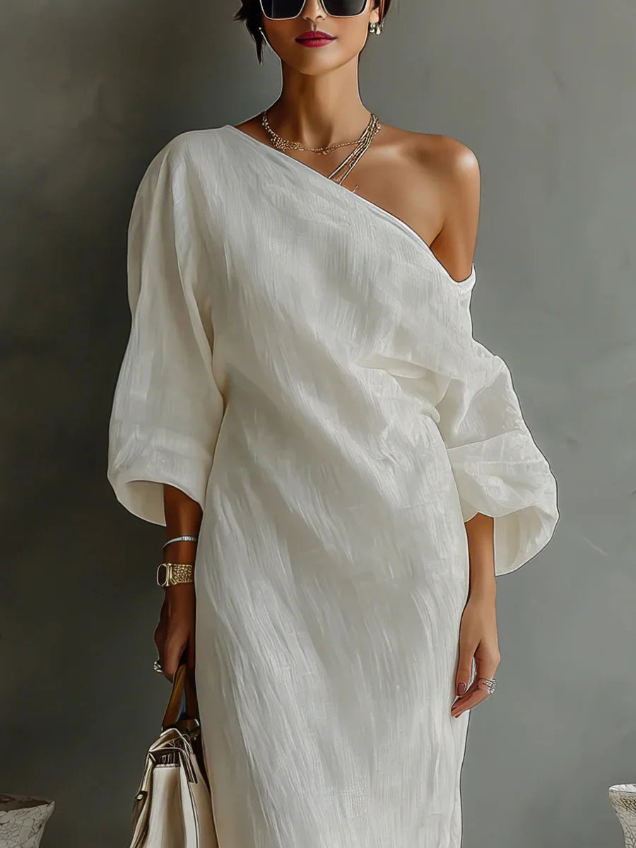 Daisy One Shoulder Dress | Textured Linen, Asymmetrical Hem 1