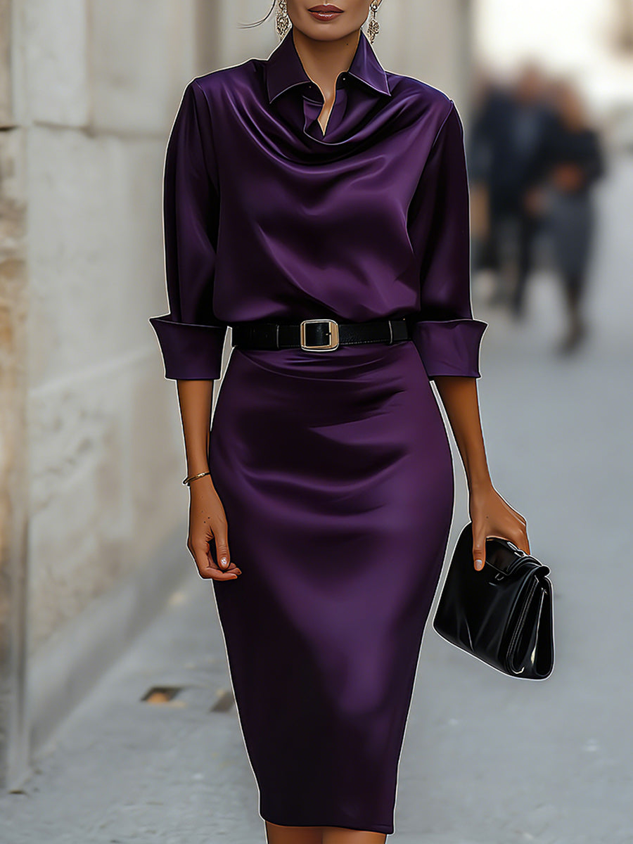Daphne Midi Dress | Satin Draped-Collar, Elegant Party Dress for Women 6