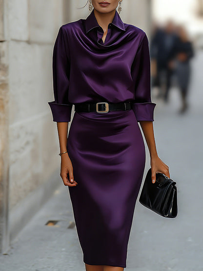 Daphne Midi Dress | Satin Draped-Collar, Elegant Party Dress for Women 6