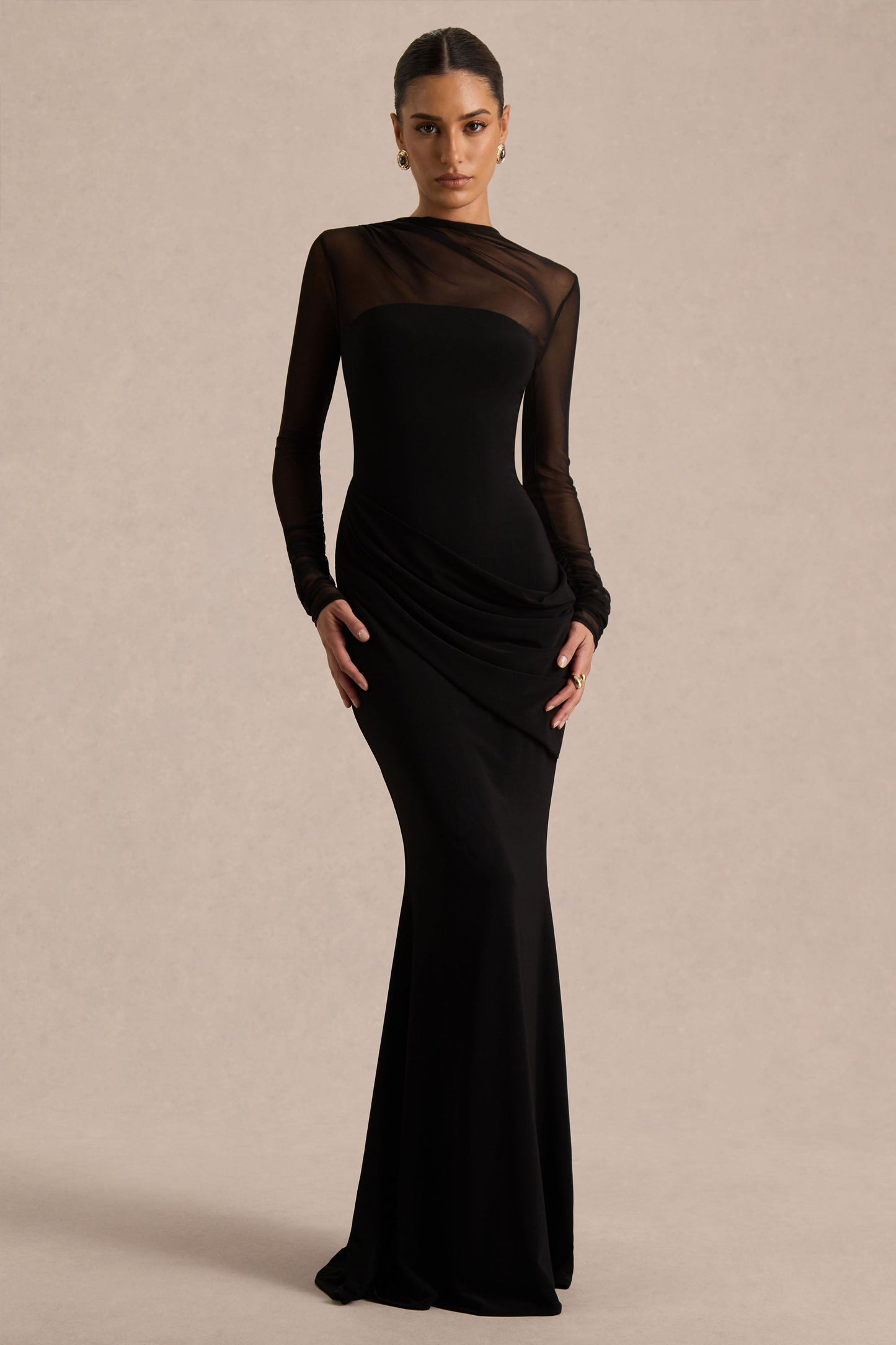 Diva Maxi Dress | Black Jersey & Mesh, High Neck 0