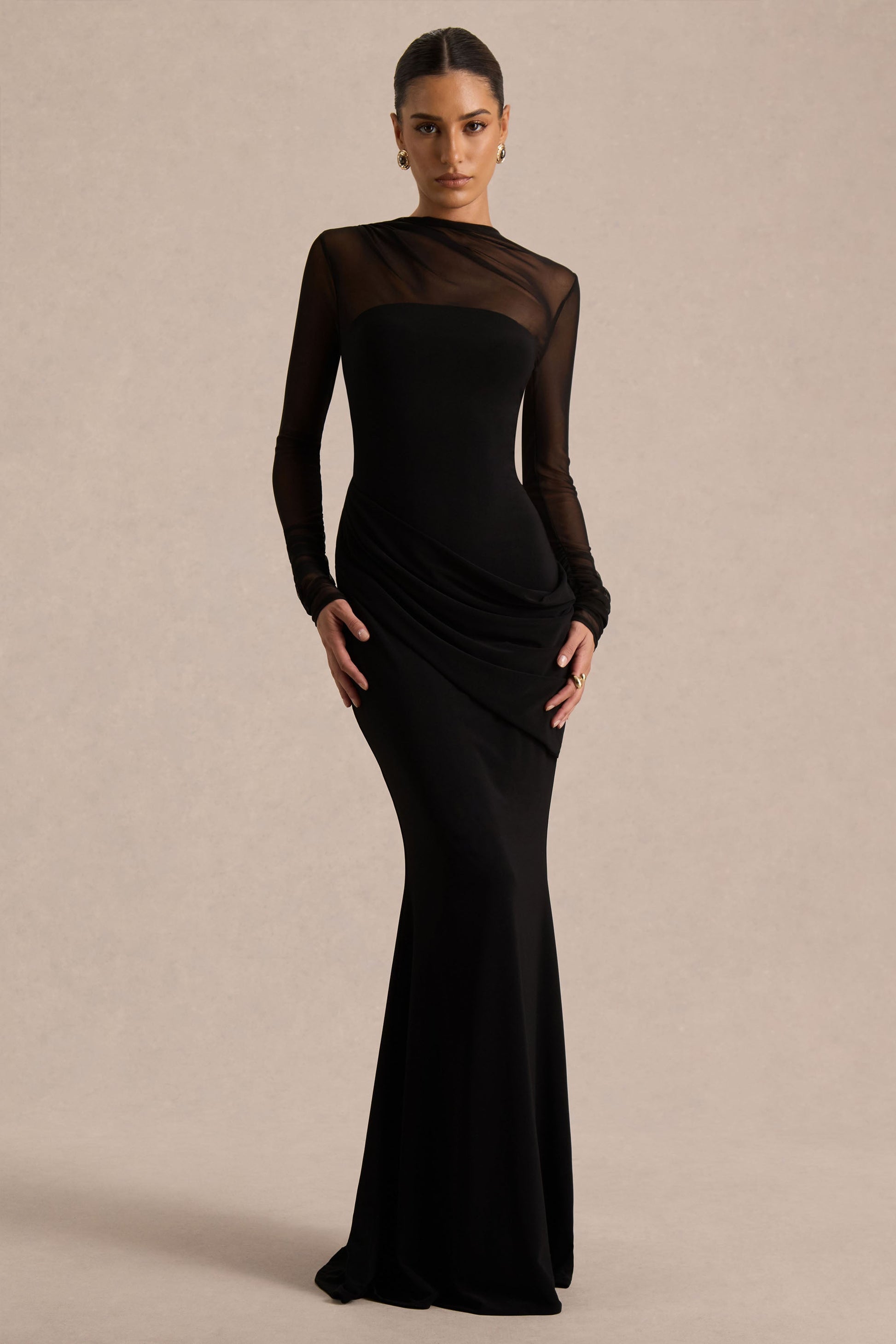 Diva Maxi Dress | Black Jersey & Mesh, High Neck 0