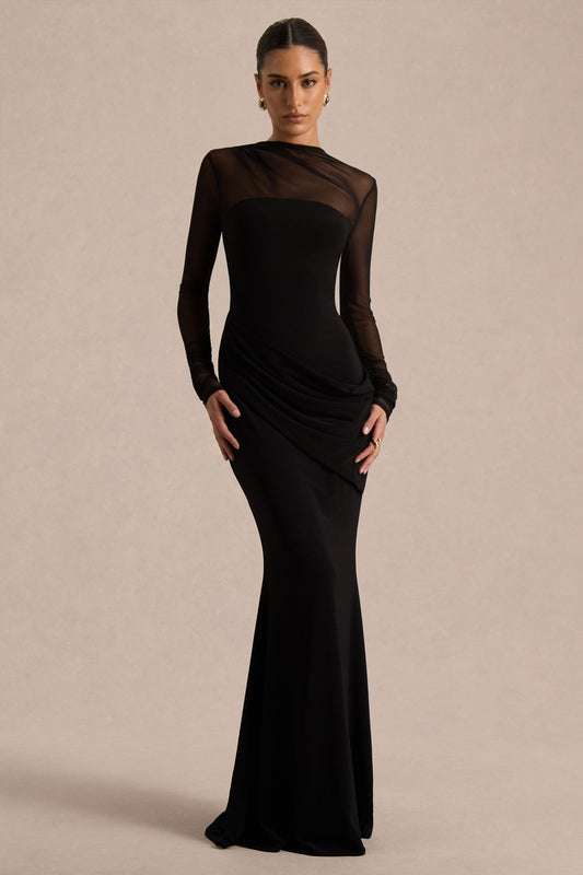 Diva Maxi Dress | Black Jersey & Mesh, High Neck 0