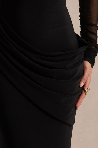Diva Maxi Dress | Black Jersey & Mesh, High Neck 2