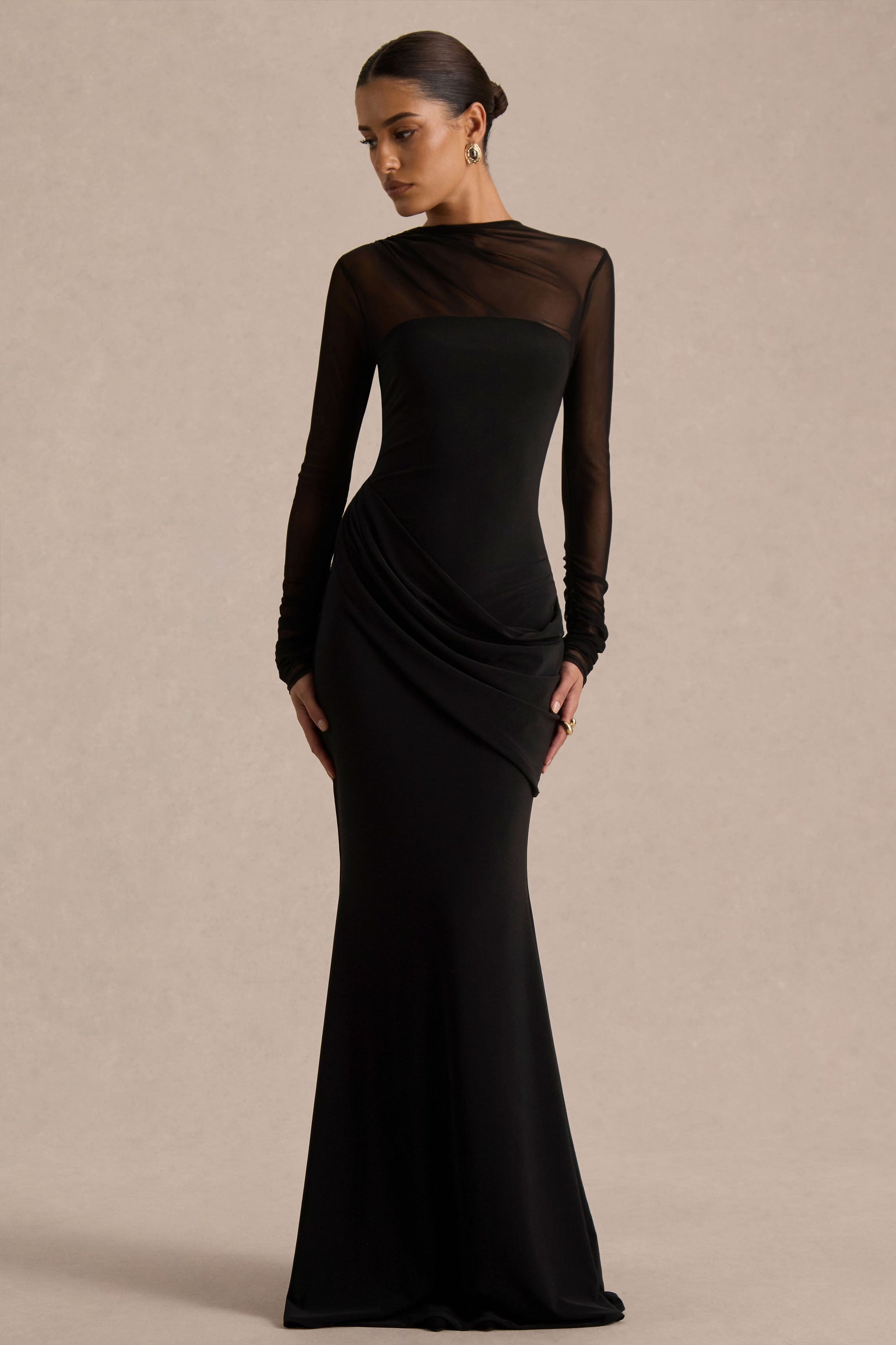 Diva Maxi Dress | Black Jersey & Mesh, High Neck 3