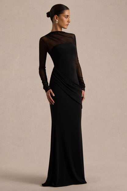 Diva Maxi Dress | Black Jersey & Mesh, High Neck 4