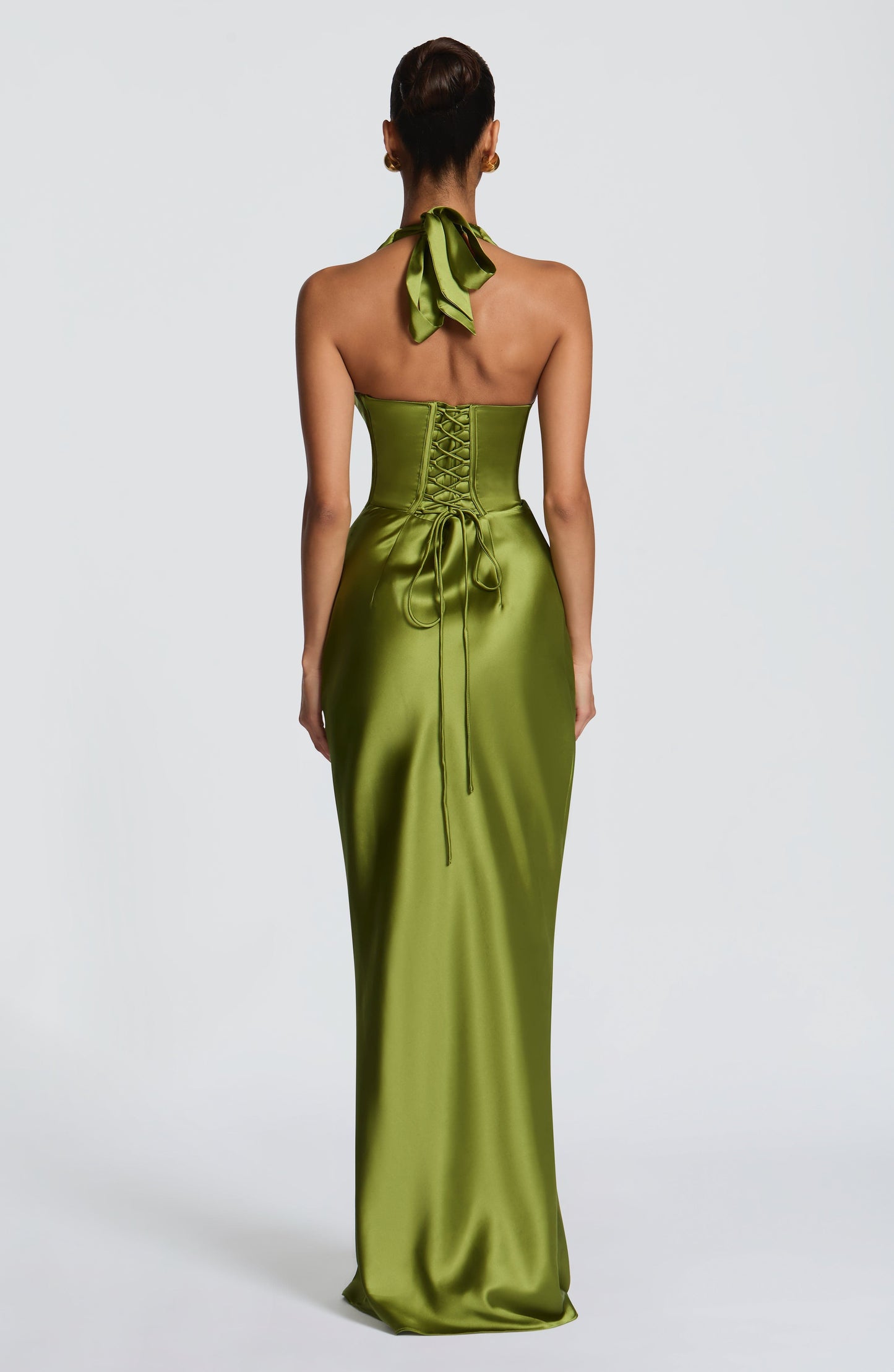 Elowen Maxi Dress | Olive Satin, Pleated Cups, Halterneck 1