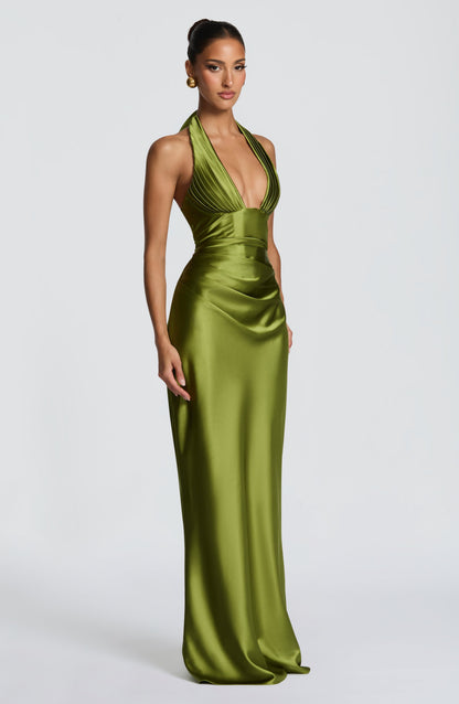 Elowen Maxi Dress | Olive Satin, Pleated Cups, Halterneck 3