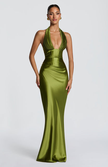 Elowen Maxi Dress | Olive Satin, Pleated Cups, Halterneck 4