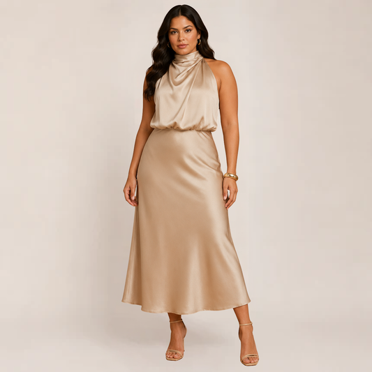 Elysia Evening Dress | Satin Halter, Flattering Fit for Formal Wedding Guest