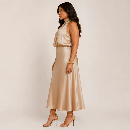 Elysia Evening Dress | Satin Halter, Flattering Fit for Formal Wedding Guest